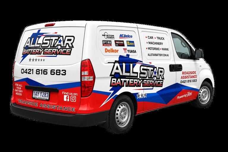White and red All Star Battery Service van with blue accents and contact number 0421 816 683 displayed on the side